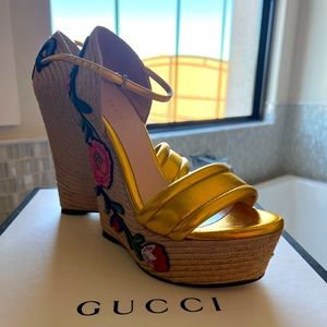 Gucci Gold Floral Wedge Heel Sandal